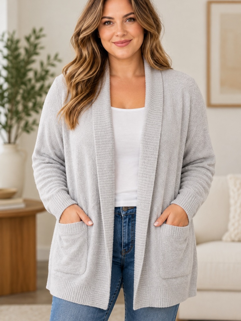 Barefoot Dreams CozyChic Lite Cardigan Women’s 1X Gray Open Front Pocket Soft Kn